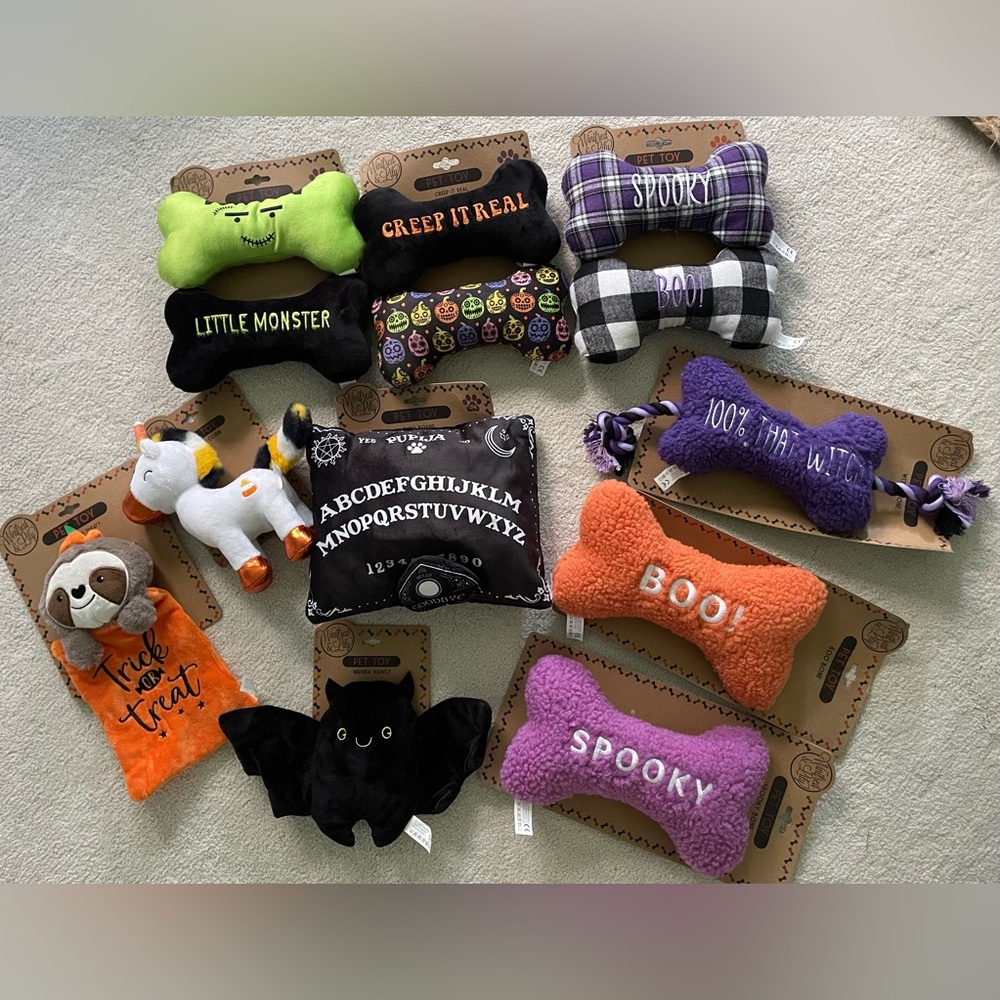 13 Plush Halloween Pet Toys sold in one lot- Purple, Orange, Black
